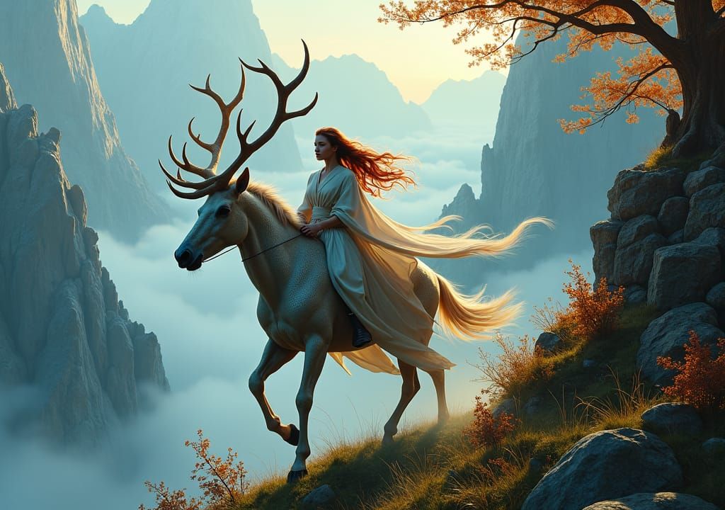 Ethereal Woman Rides Shimmering Stag Down Mountain
