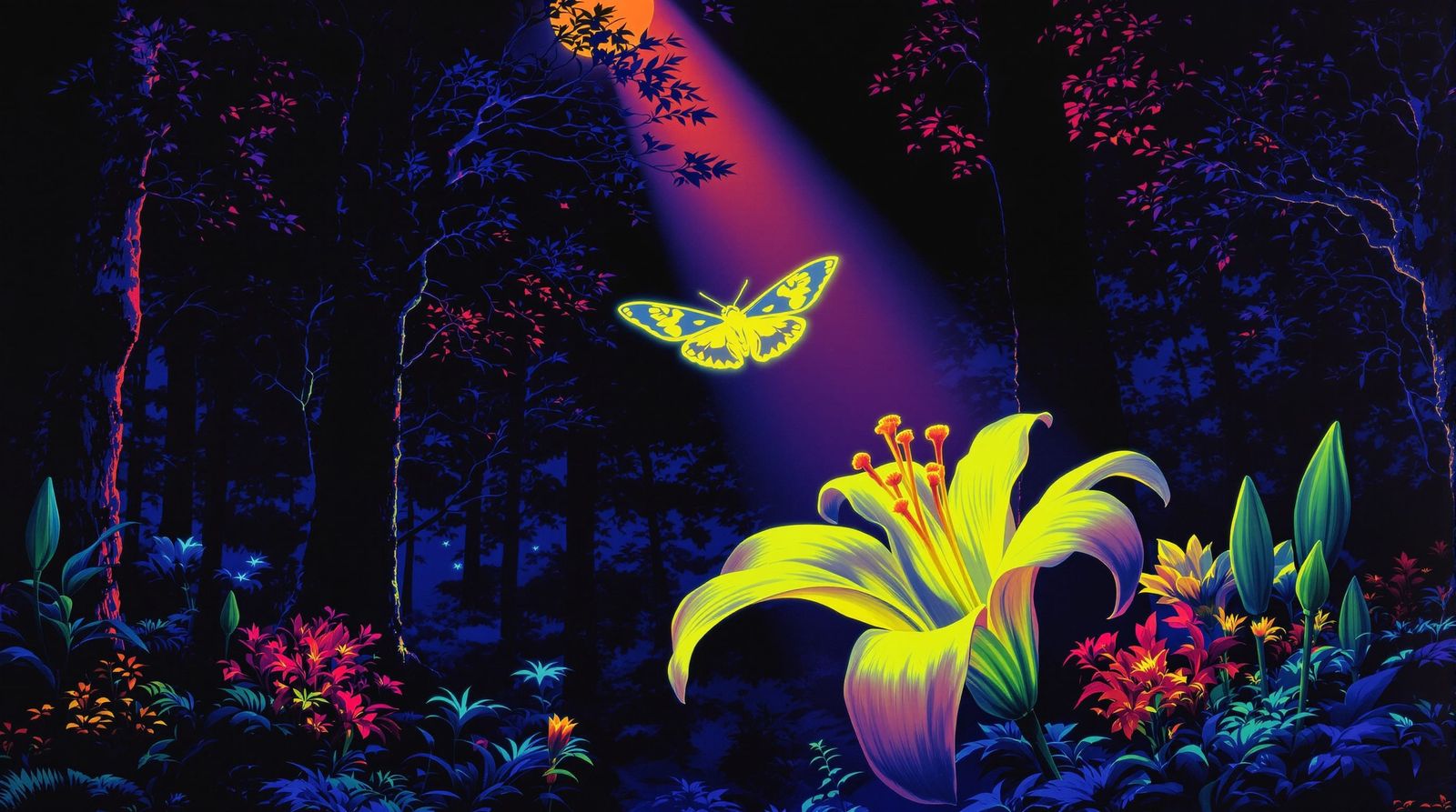 Glowing Lunar Moth in Ultraviolet Forest