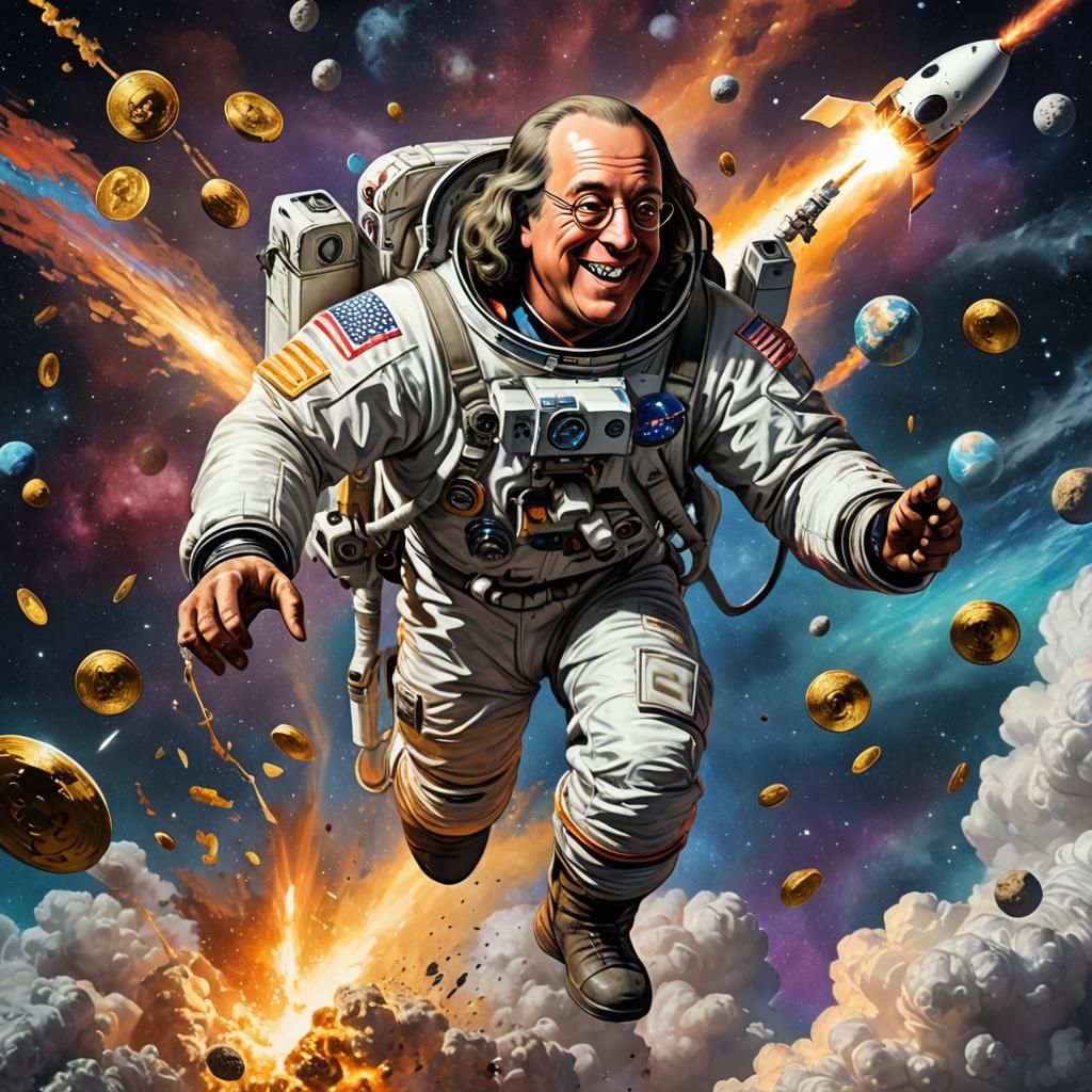 Benjamin Franklin in Space Launching Bitcoin Rocket