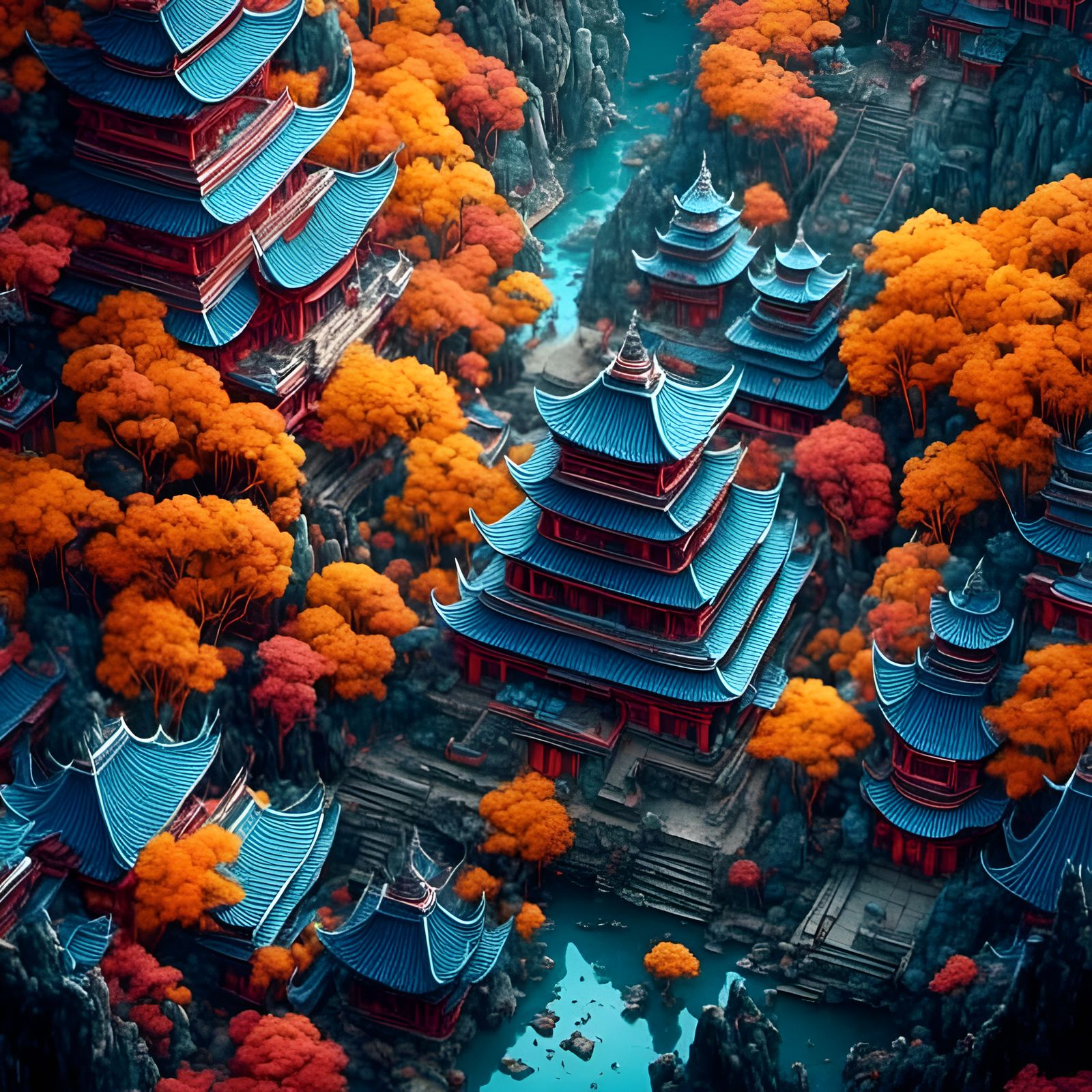 Asian Hybrid Cityscape with Tibetan Temple, Digital Art