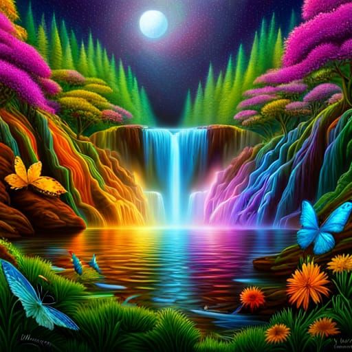 Enchanted Forest with Waterfall and Rainbow