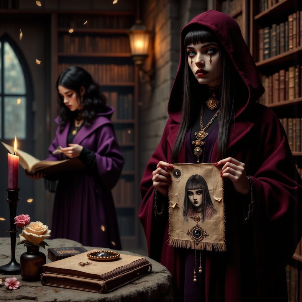 Dark Academia Library Scene with Cloaked Woman and Relic
