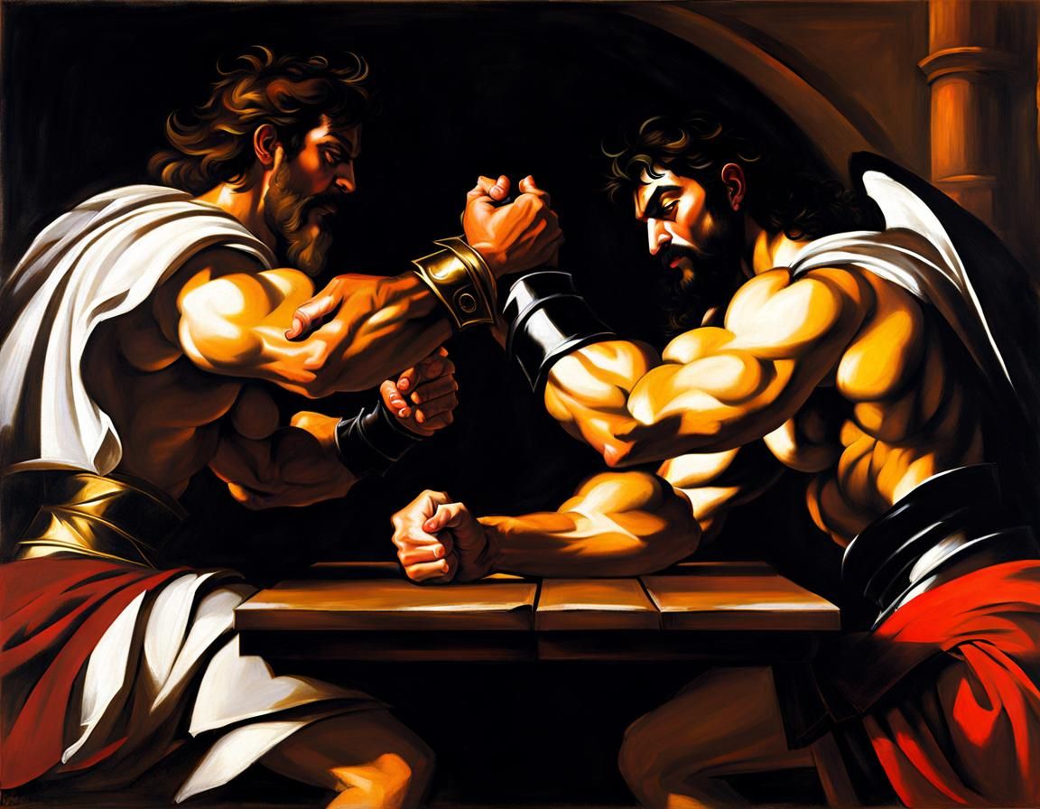 Gods of War Arm Wrestling: Baroque Oil Painting