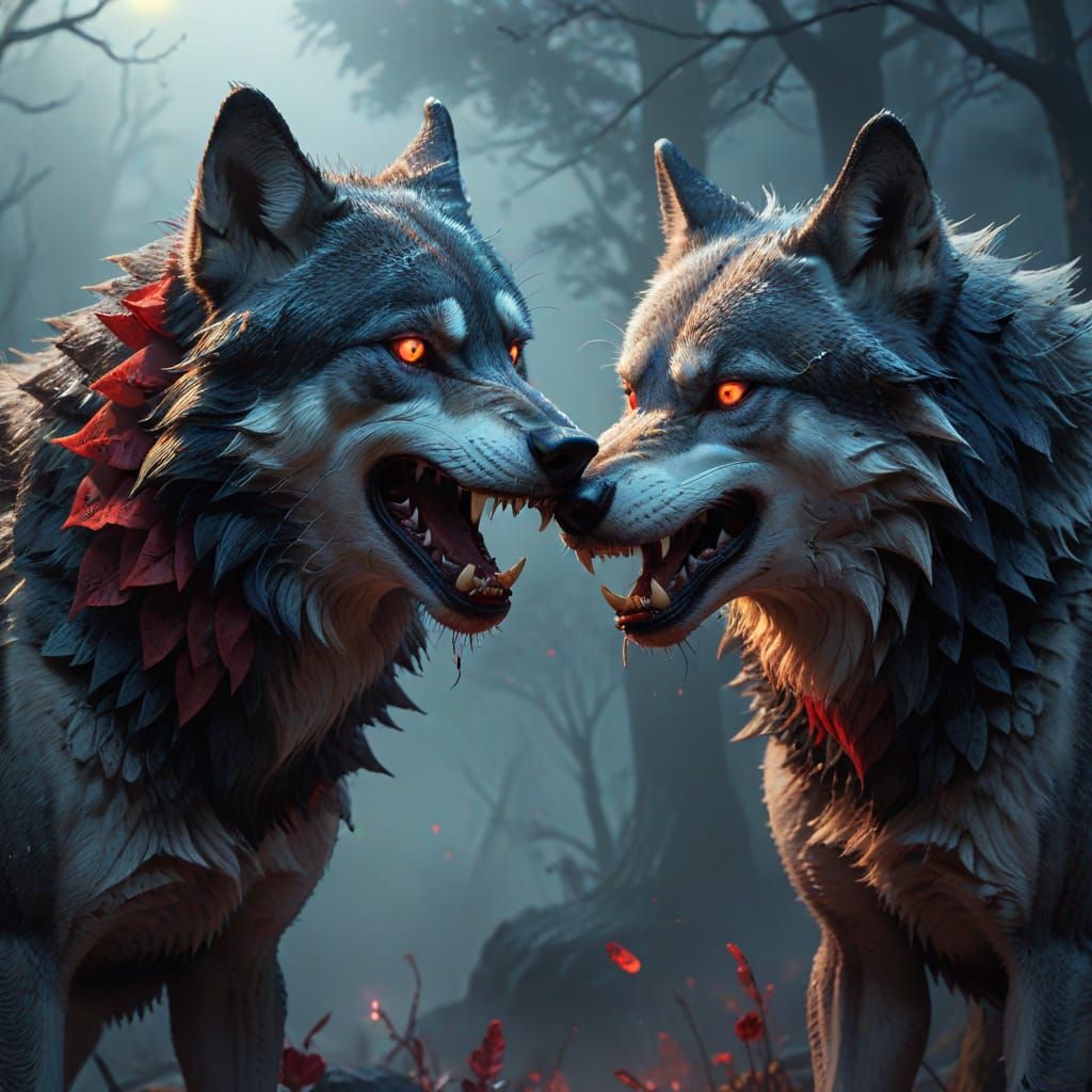 Wolf and Vampire in Surreal, Dreamlike Fantasy Art