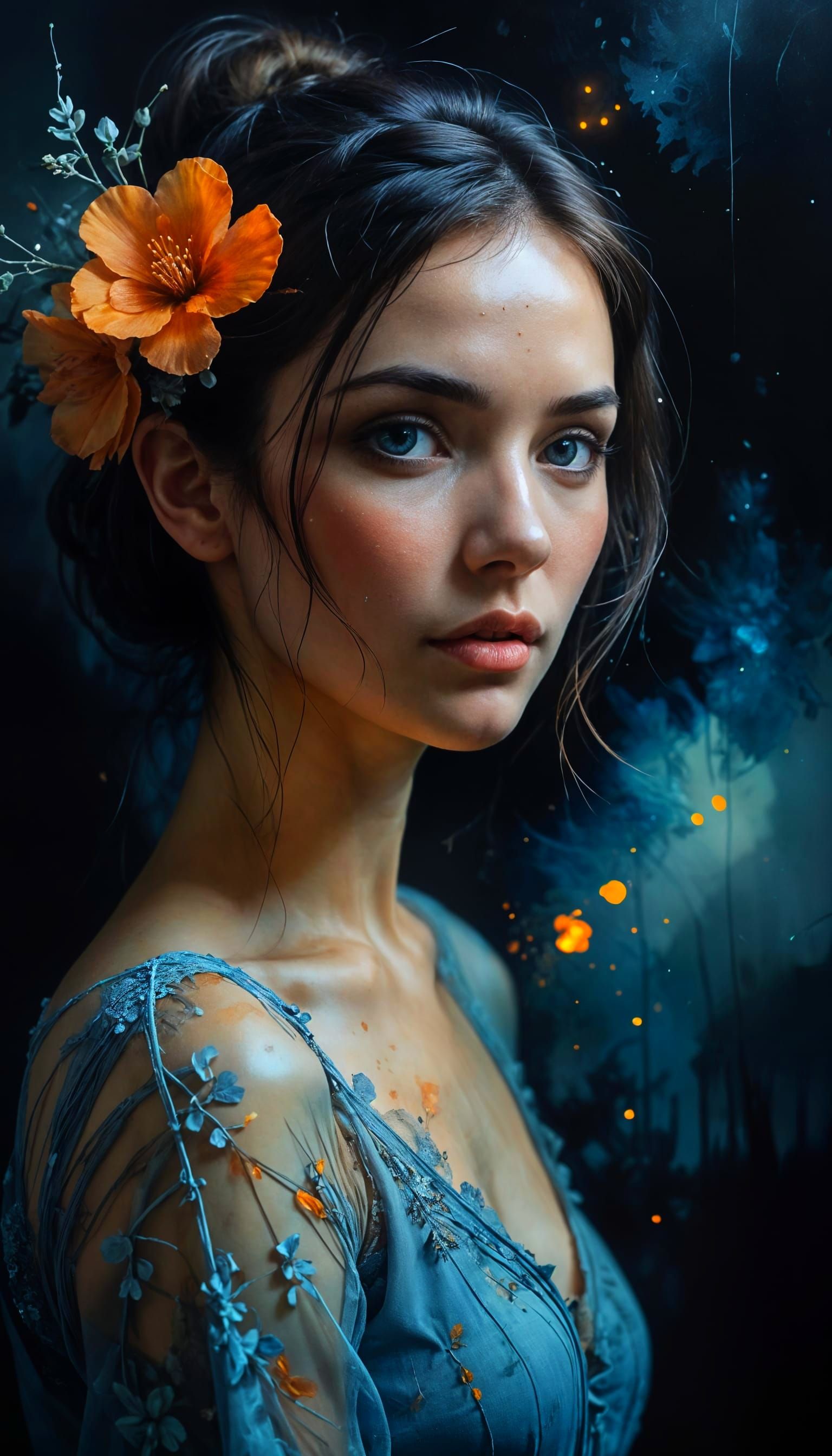 Ethereal Beauty in Soft Blue Hues with Intricate Flowers and...