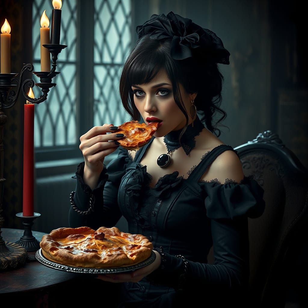 Gothic Woman Eating Pie in Dark Fantasy Style