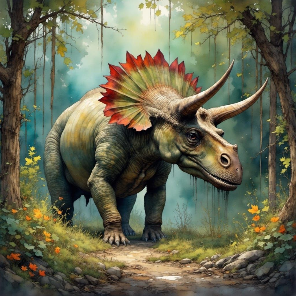 Triceratops in Lush Jungle, Painterly Style