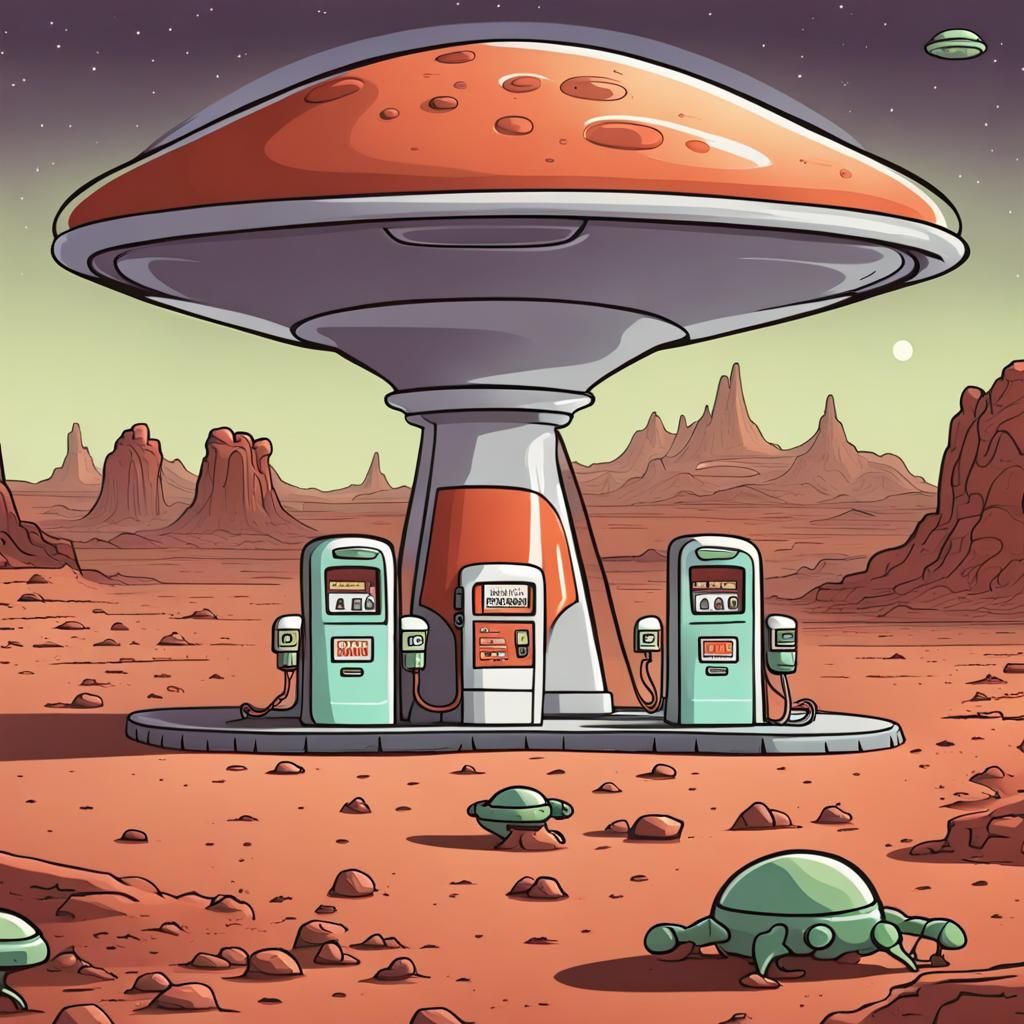 Martian Gas Station: Aliens Fueling Up in Cartoon Style