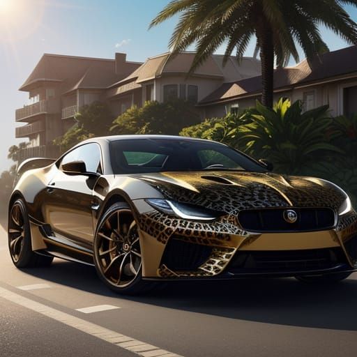 Luxury Leopard Sports Car in Front of Art Nouveau Motel
