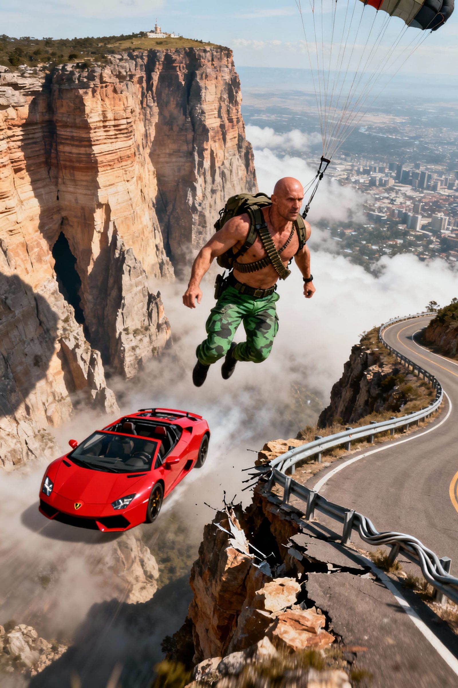 Man Freefalls with Lamborghini Towards City Overlook