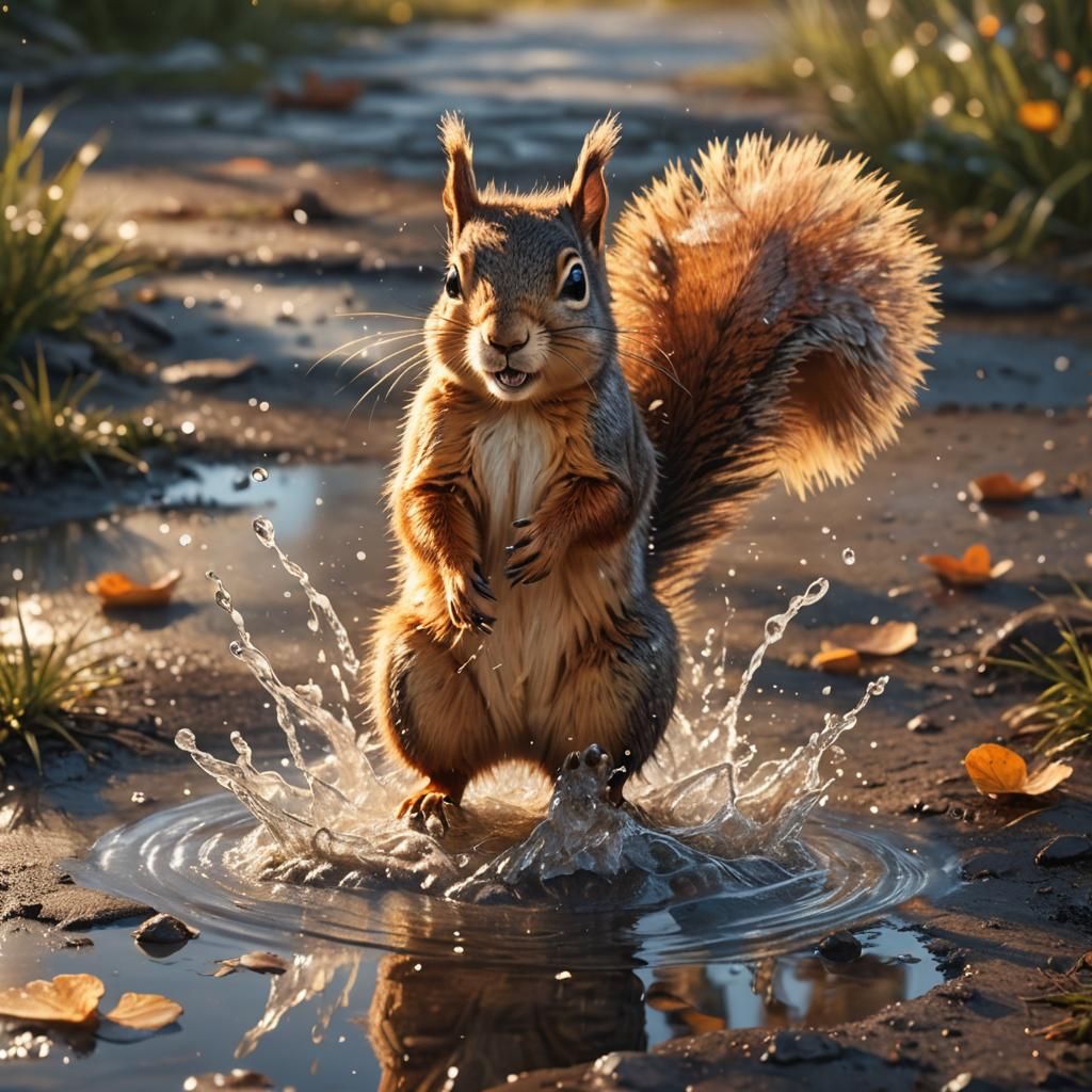 Happy Squirrel Splashing: Hyperrealistic Digital Matte Paint...