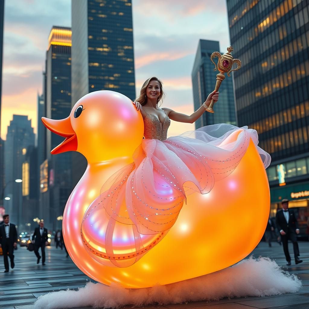 Woman Rides Giant Rubber Duck Through City