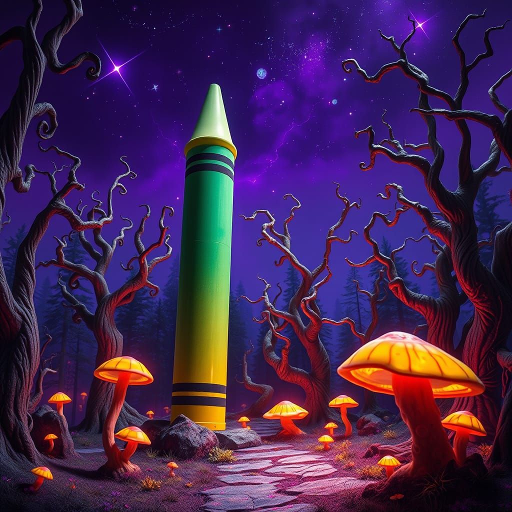 Giant Crayon in Whimsical Forest Under Starry Sky
