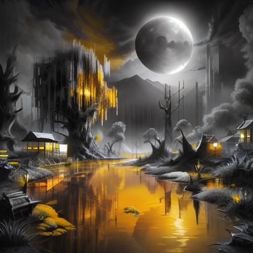 Watercolor Child Splashing in Yellow Sunset Puddles