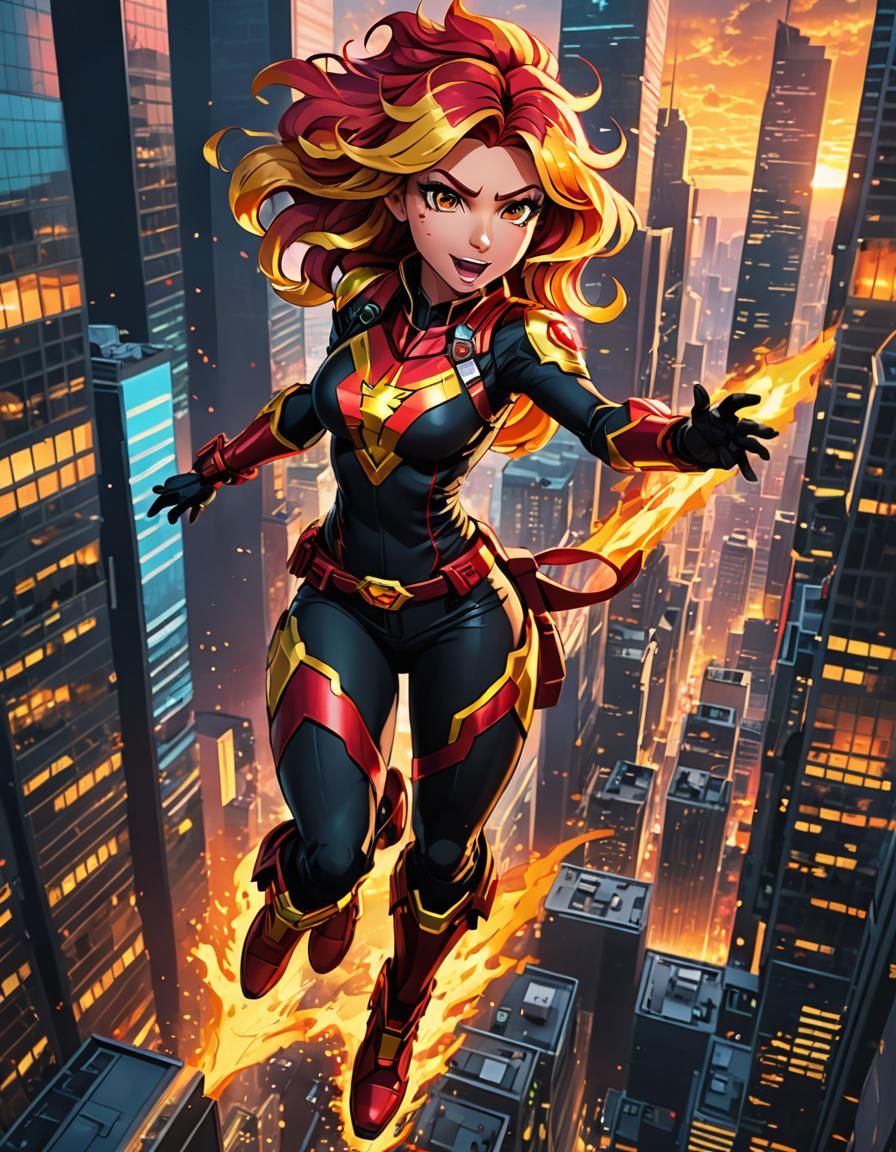 Sunset Shimmer Leaping from Skyscraper in Anime Style