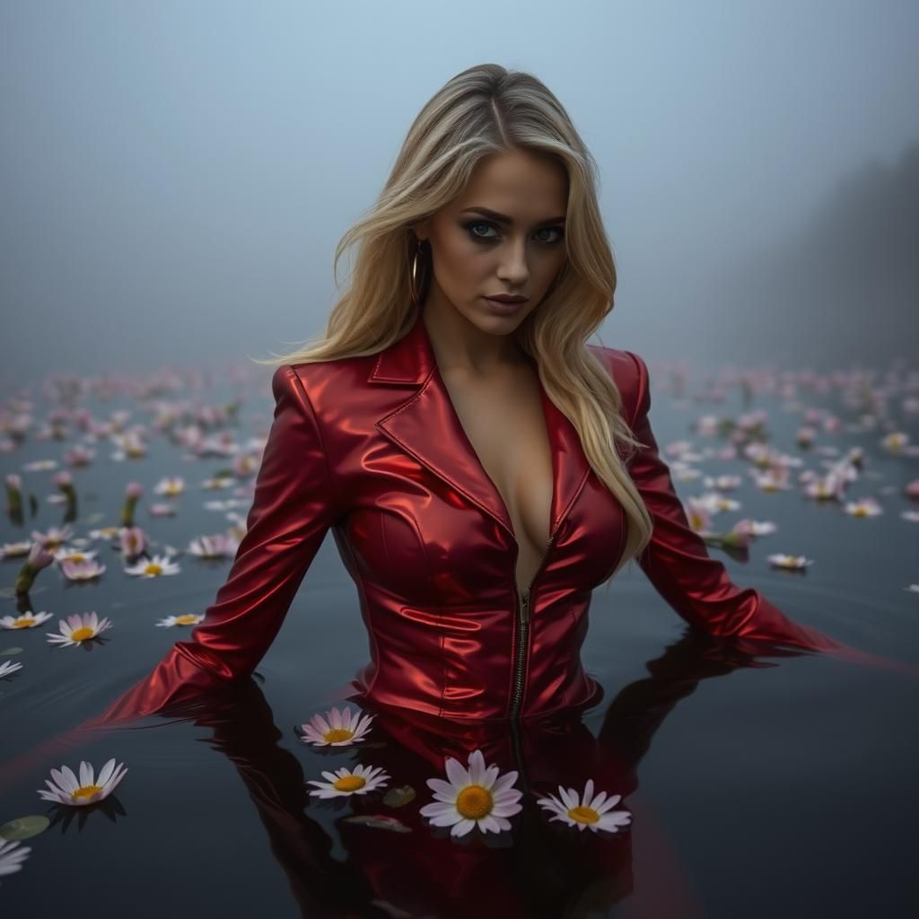 Blonde Woman in Red Suit Emerges from Lake