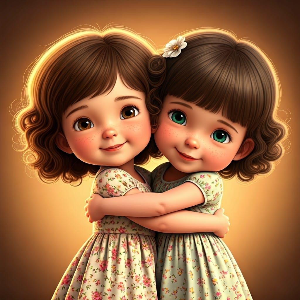 Whimsical 3D Portrait of Two Floral-Dressed Girls Embracing
