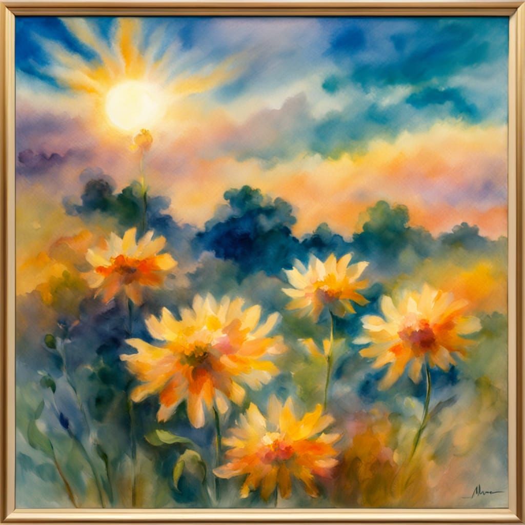 Impressionist Sun Over Flower in Watercolor