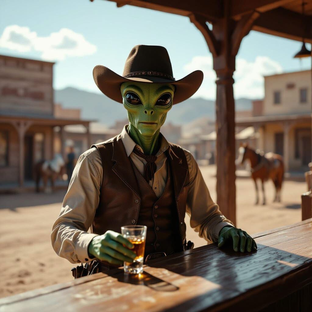 Alien Cowboy Shares Shot in Sun-Drenched Western Town
