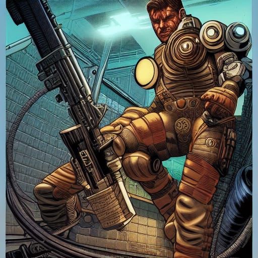 Cyborg Mercenary in Comic Book Art Style