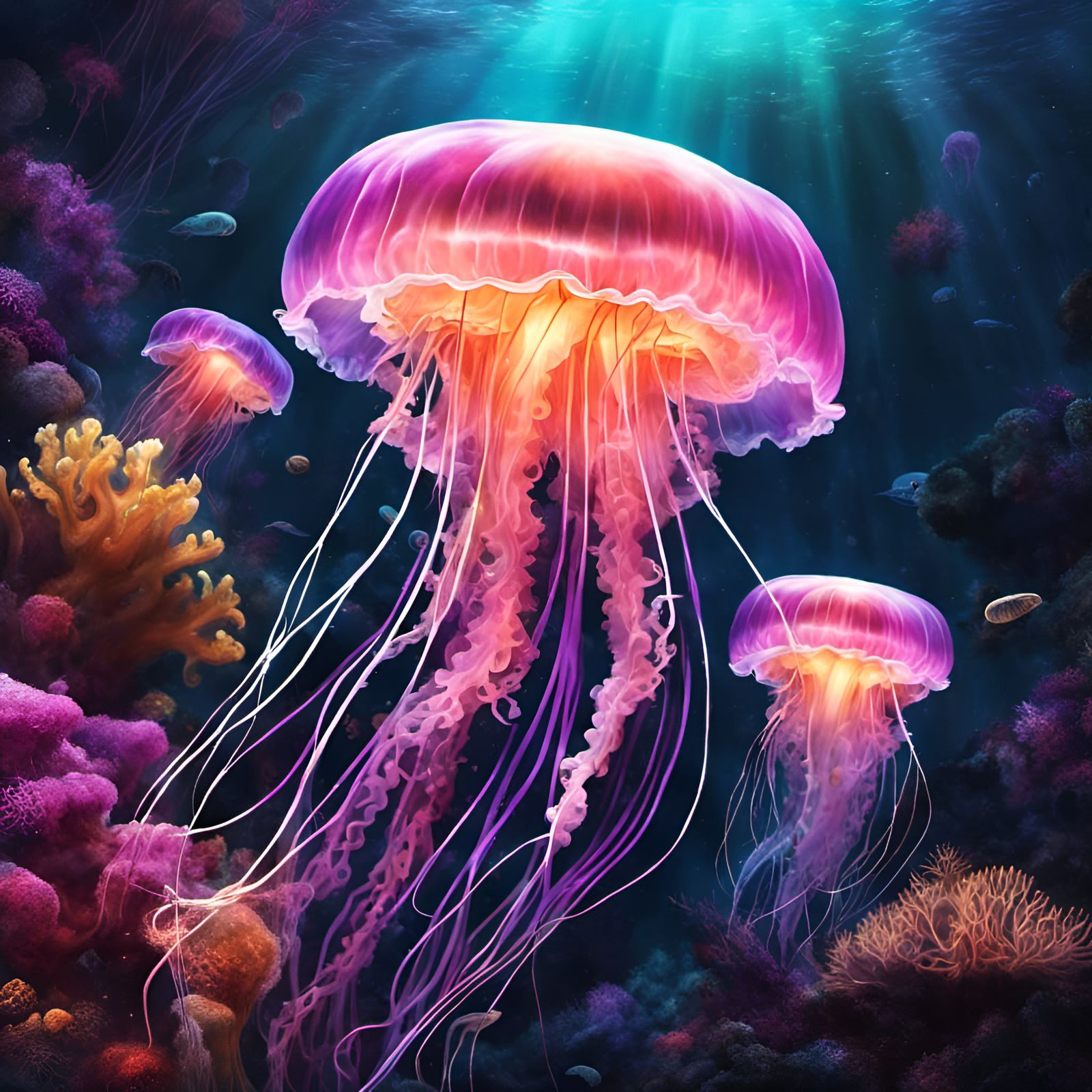 Bioluminescent Jellyfish Among Colorful Coral Reefs