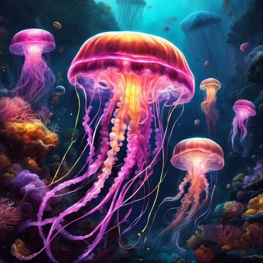 Bioluminescent Jellyfish in a Colorful Coral Reef