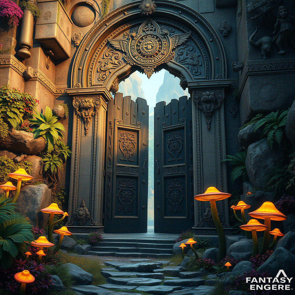 Mystical Ancient Gate Amidst Lush Fantasy Environment