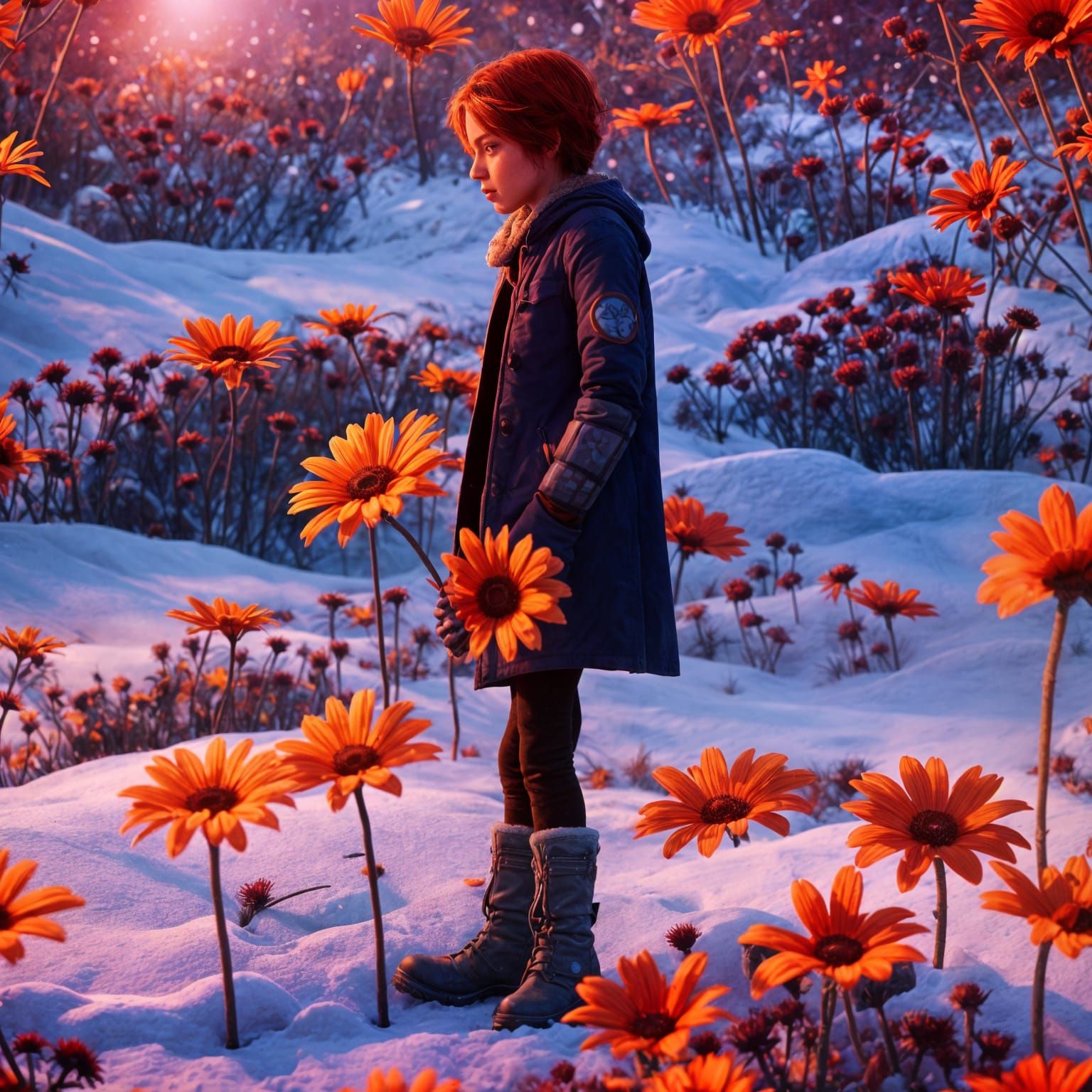 Snowy Daisies with Fire: A Matte Painting