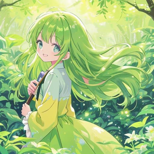 Vibrant Anime Girl in Whimsical Forest