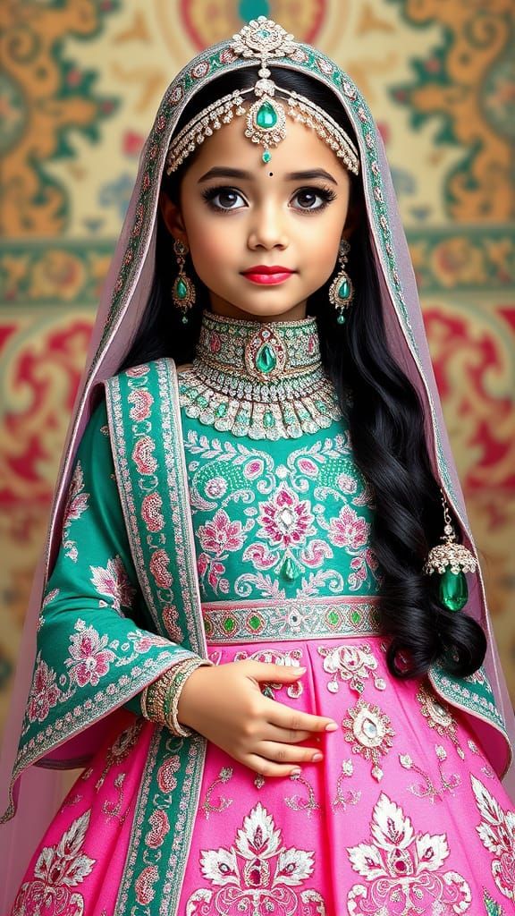 Majestic Islamic Bride in Lavish Green and Pink Gown with Op...