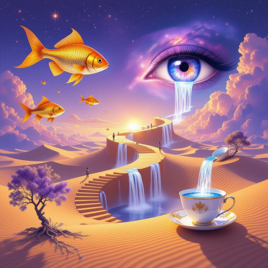 Surreal Dreamscape: Floating Desert With Golden Fish