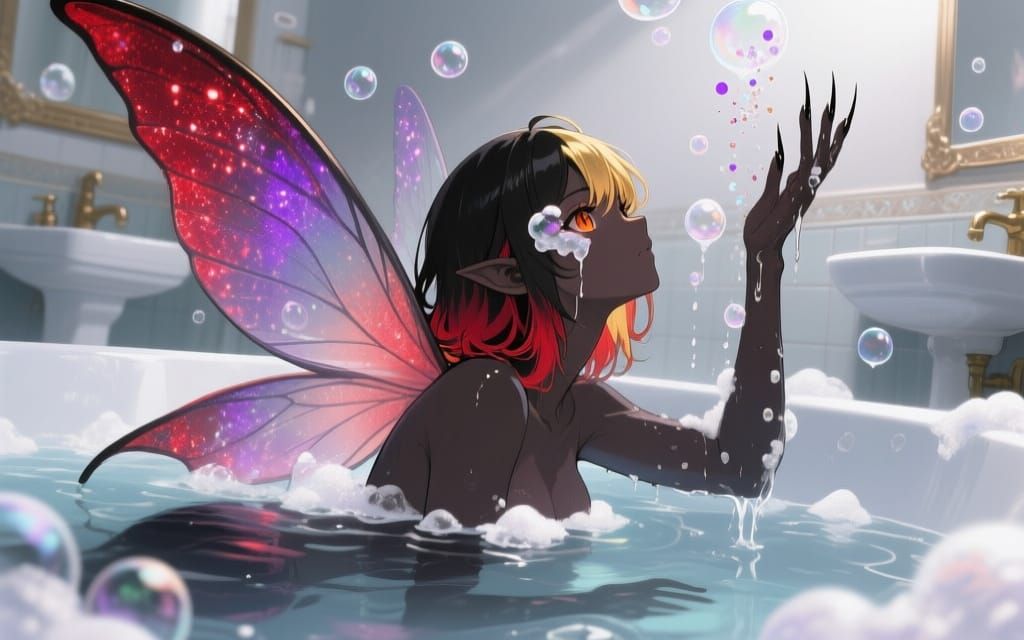 Anime Fairy in Bubble Bath with Magic Particles