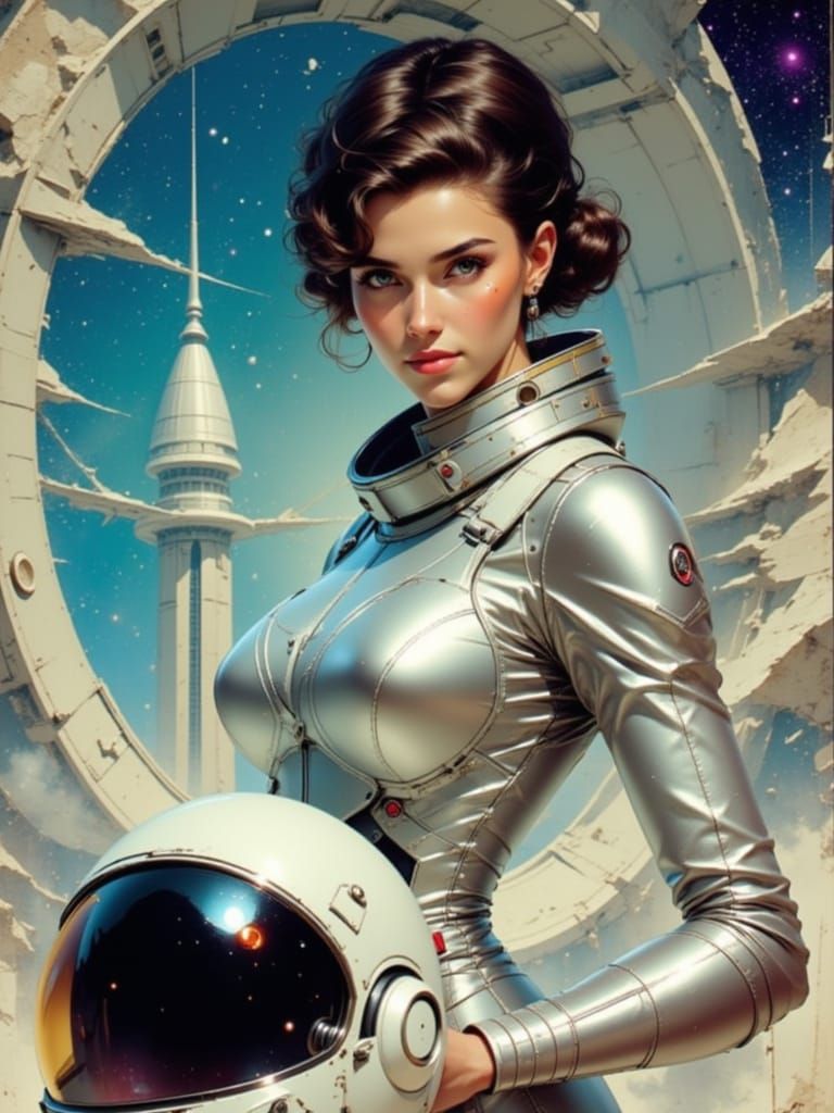 1950s Space Woman in Silver Suit, Retro-Futuristic Style