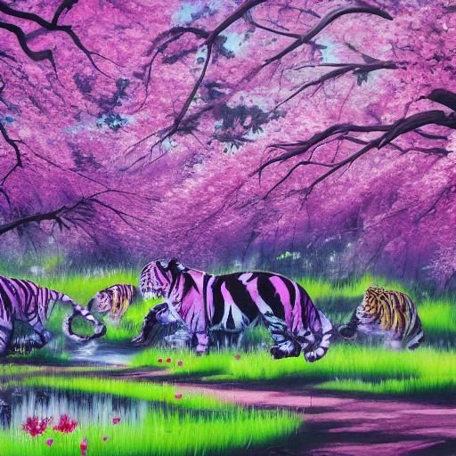 Purple Tigers in Sakura Forest: Graffiti Art
