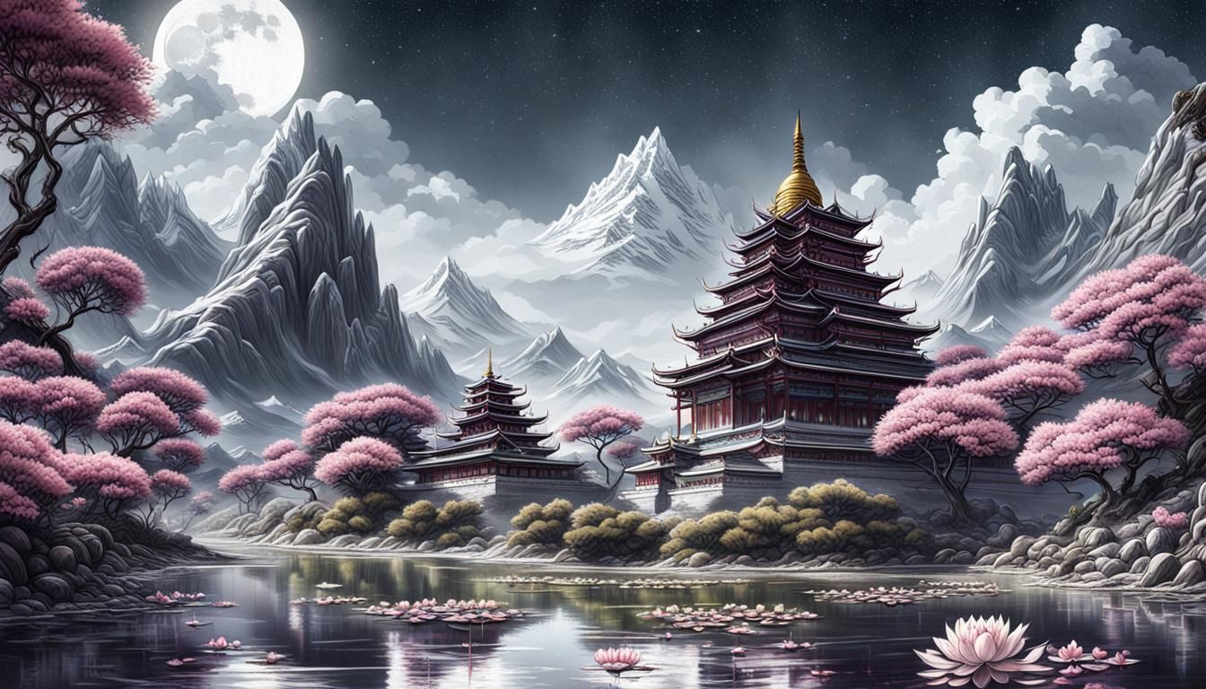 Tibetan Temple at Night: A Fantastical Matte Painting