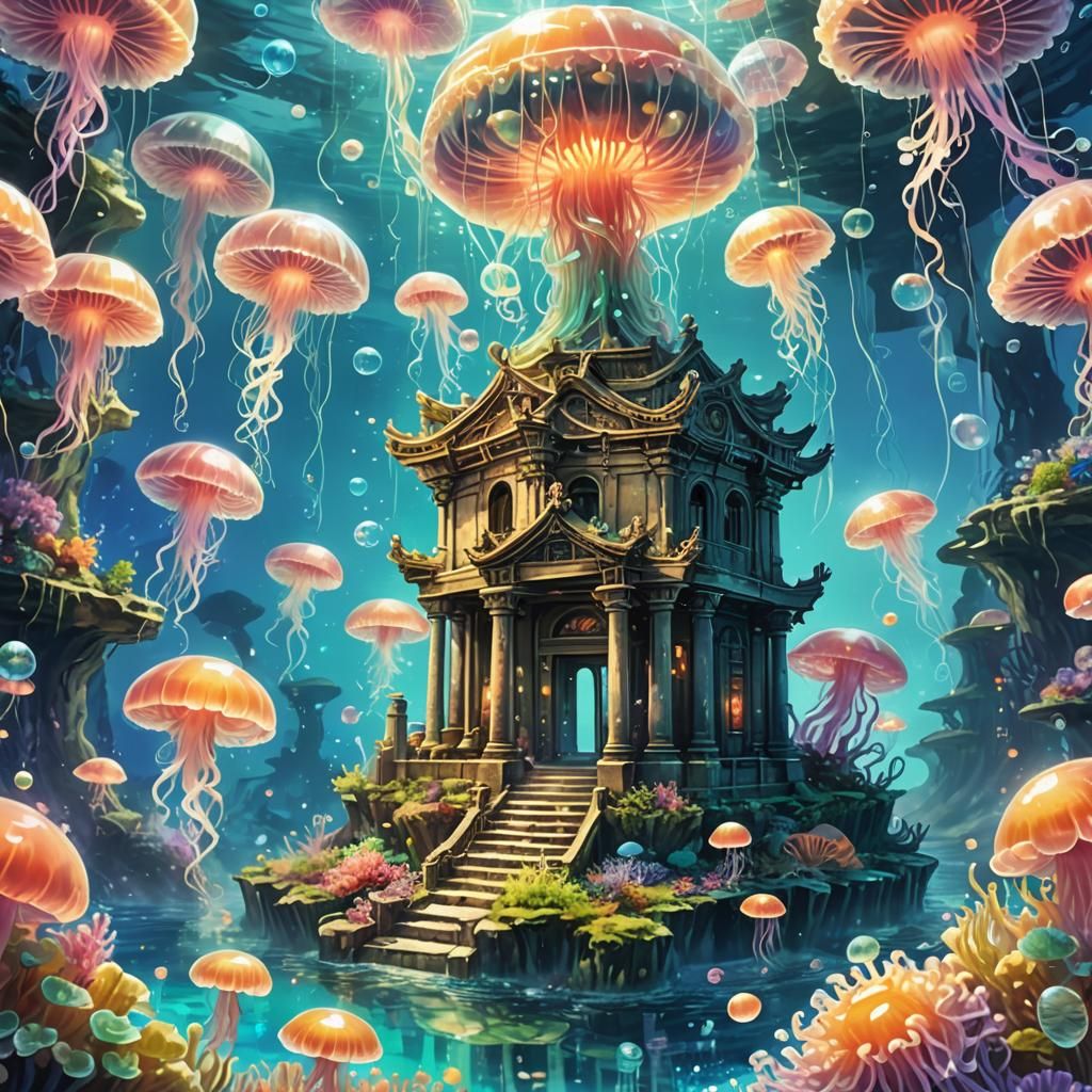 Underwater Temple with Shipwrecks in Anime Style