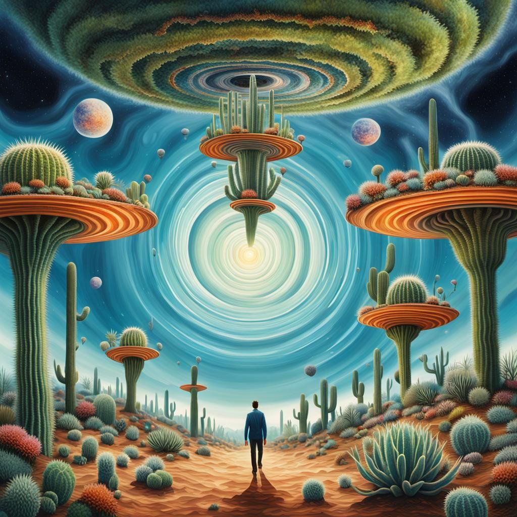 Surreal Toroidal Landscape with Upside-Down Cacti Garden