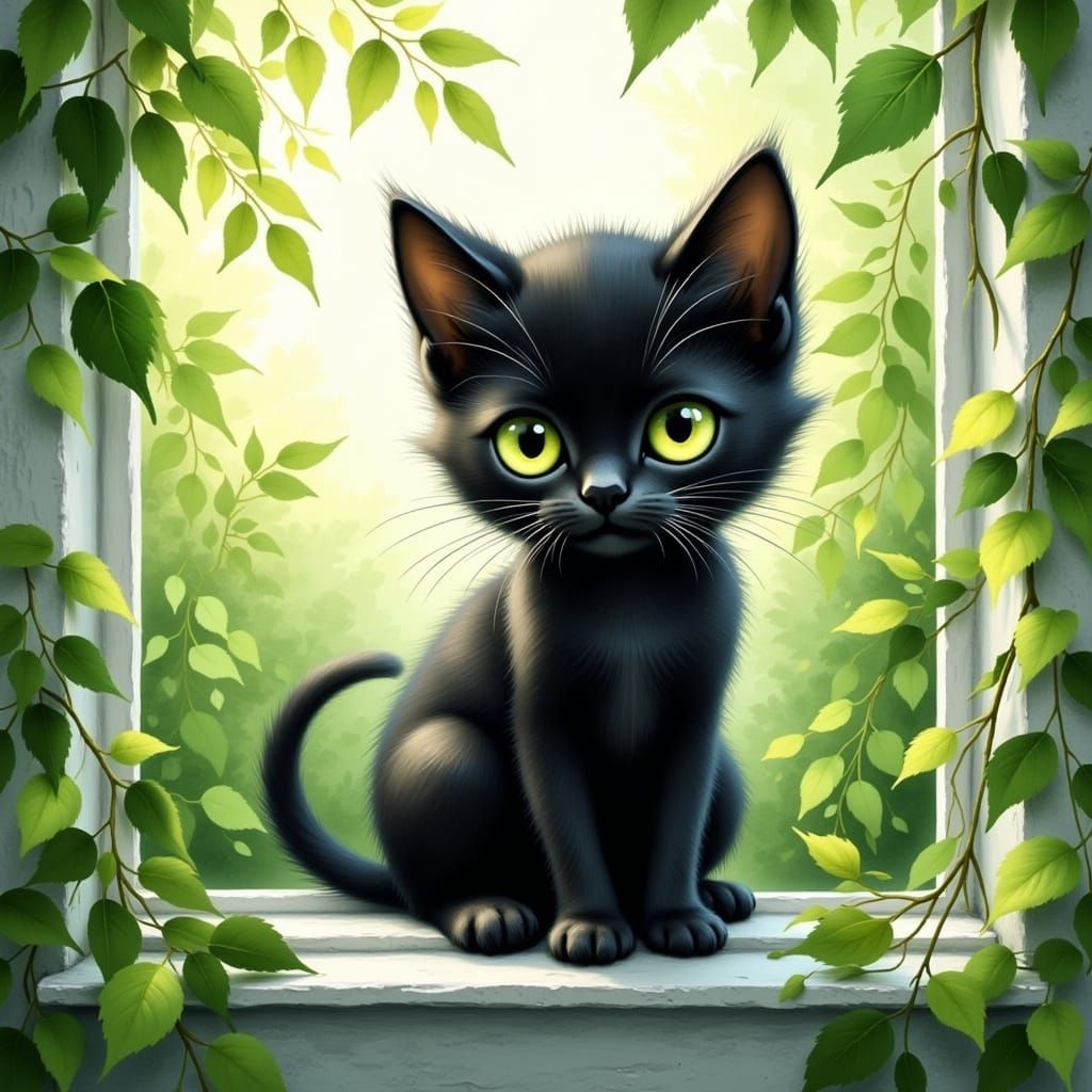 Black Kitten with Green Eyes, Digital Watercolor Illustratio...