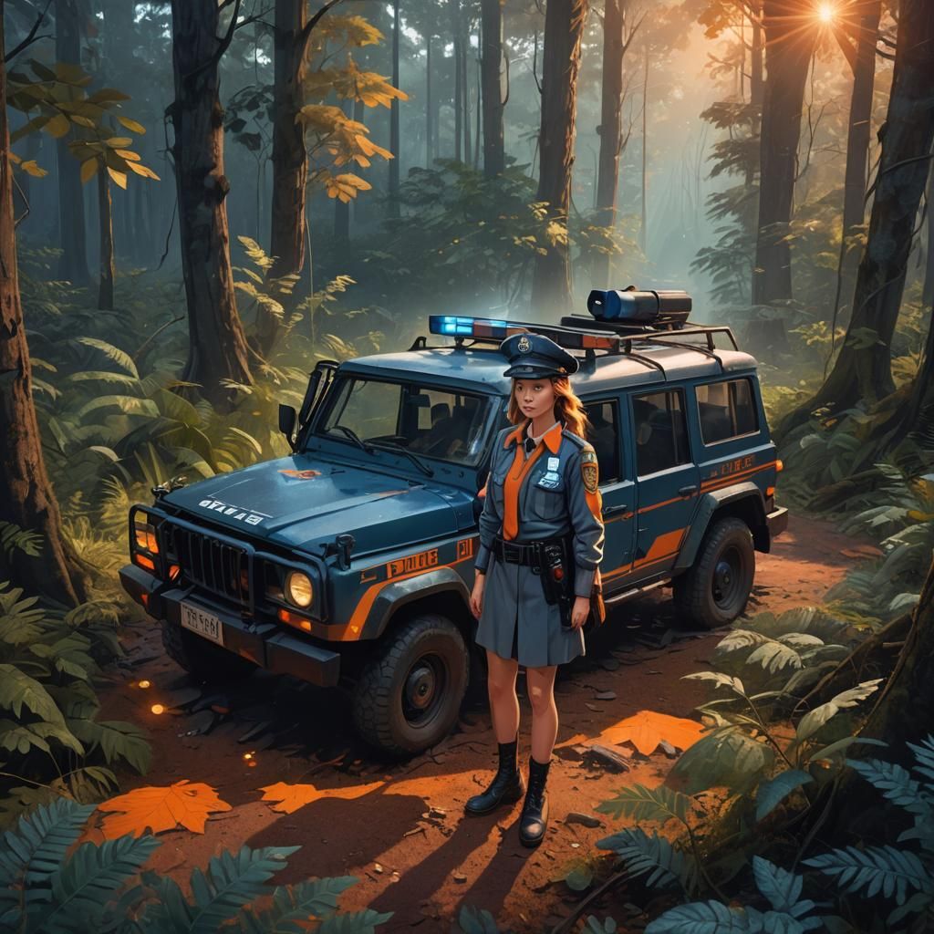 Police Girl in Forest: Digital Matte Painting