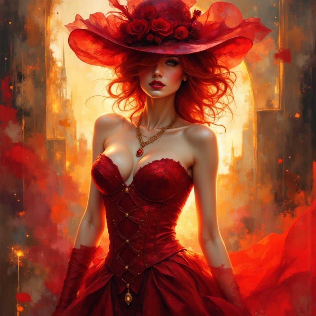 Futuristic Lady in Red Corset With Flaming Hair