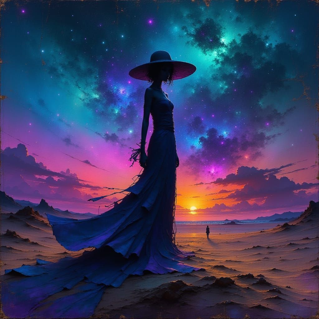 Solitary Woman in Dreamlike Desert at Twilight