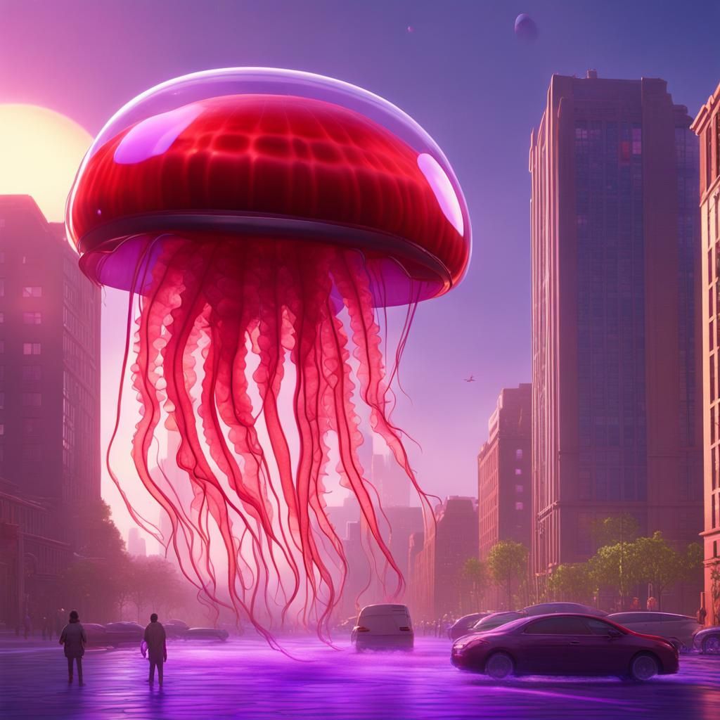Giant Jellyfish in Futuristic City: 3D Digital Art