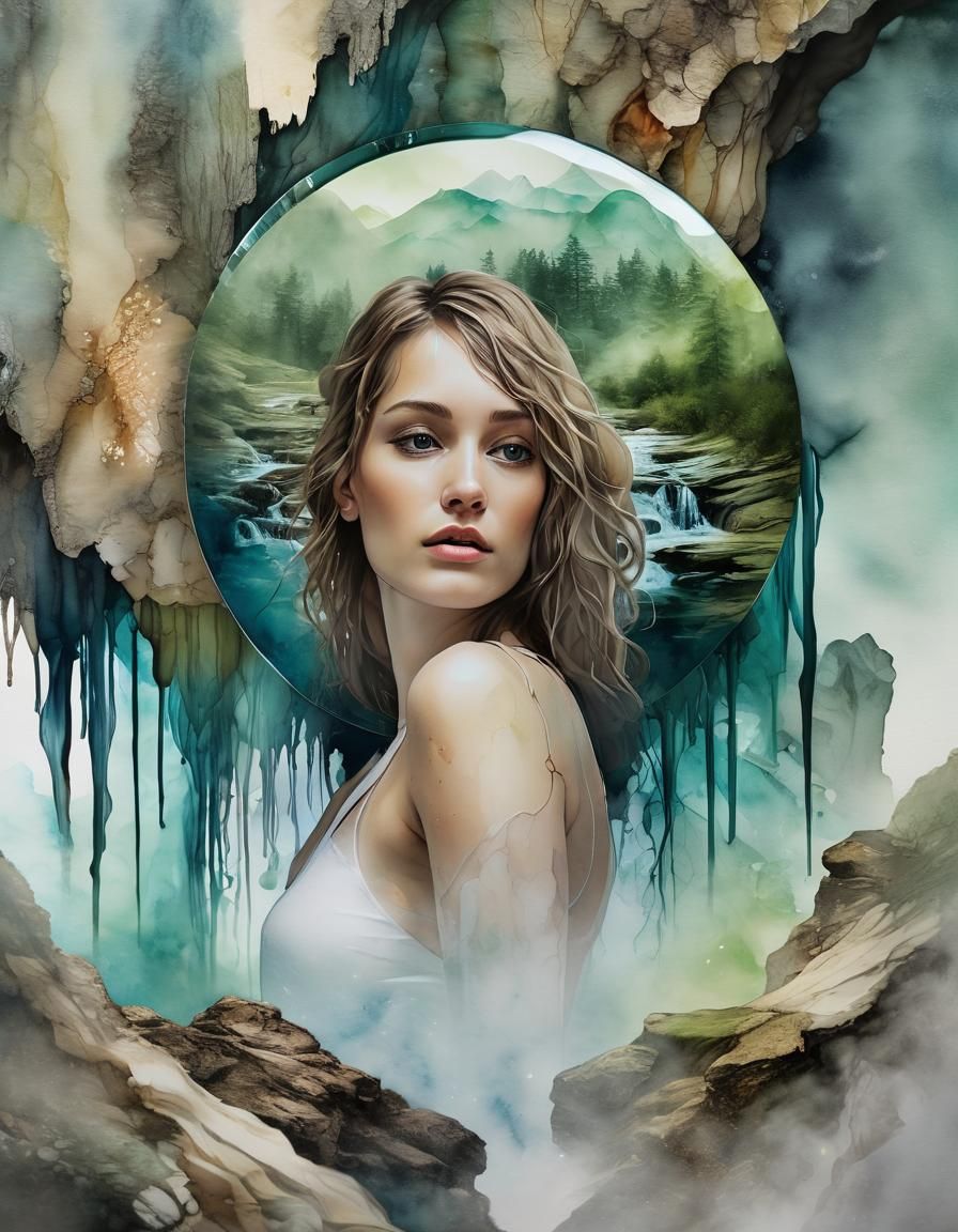 Surreal Alcohol Ink Double Exposure of Woman and Waterfall