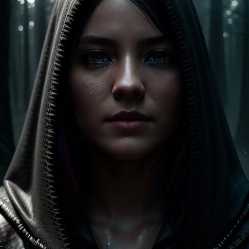 Mysterious Dark Mage in Forest, Hyperrealistic Art