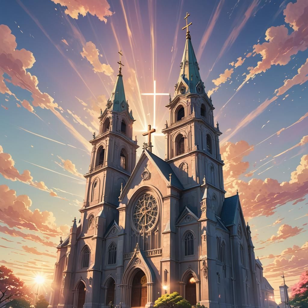 Anime Church with Cross in Soft Pastel Colors