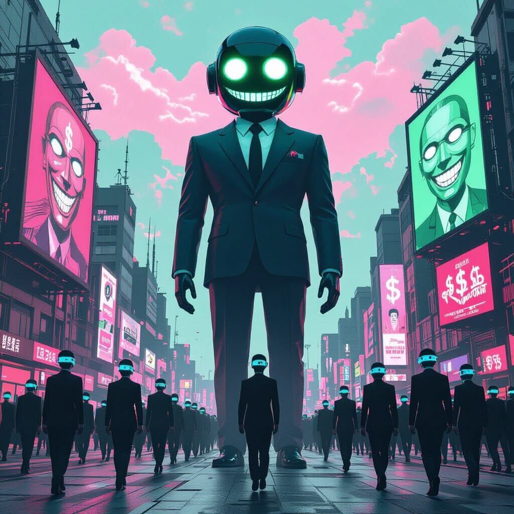 Labubu Doll Dominates Hypnotized City in Surreal Scene