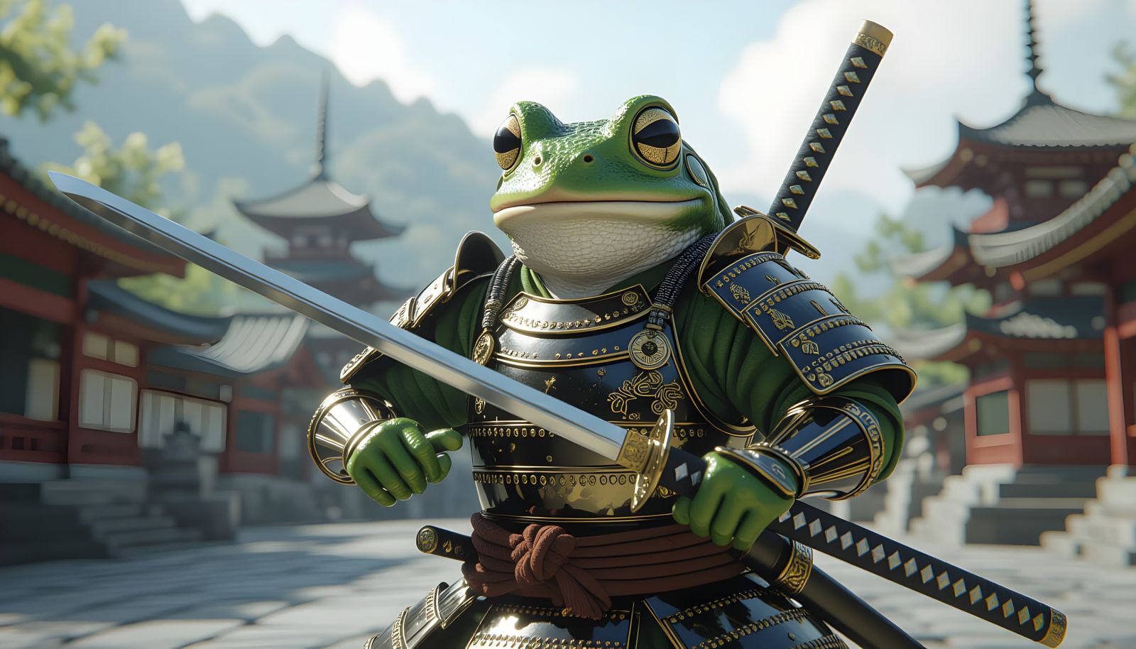 Samurai Frog Warrior in Intricate Armor Holding Katana