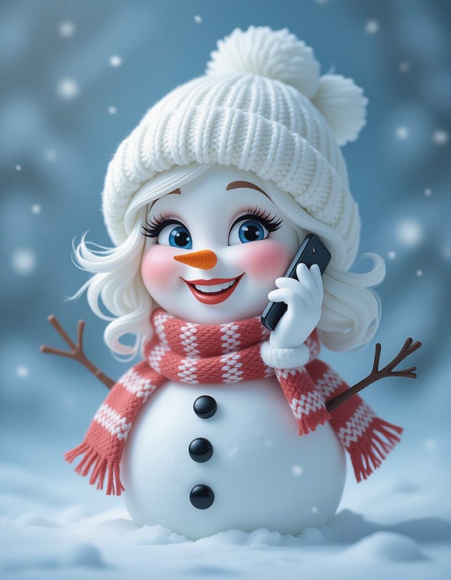 Elegant Snow Woman with Smartphone in Whimsical Caricature S...