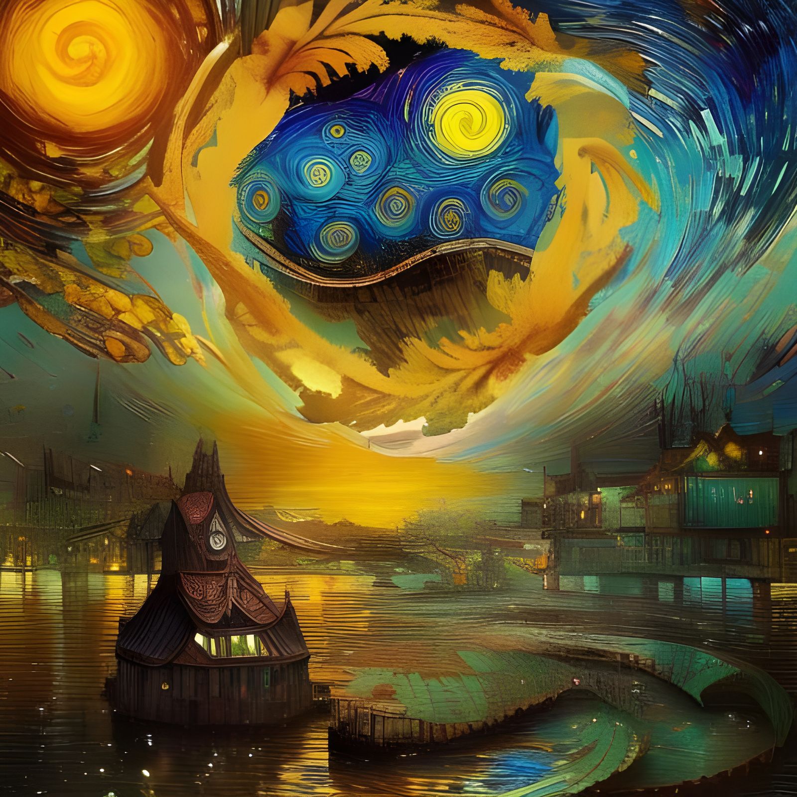 Steampunk Starry Night and Waterfallscape