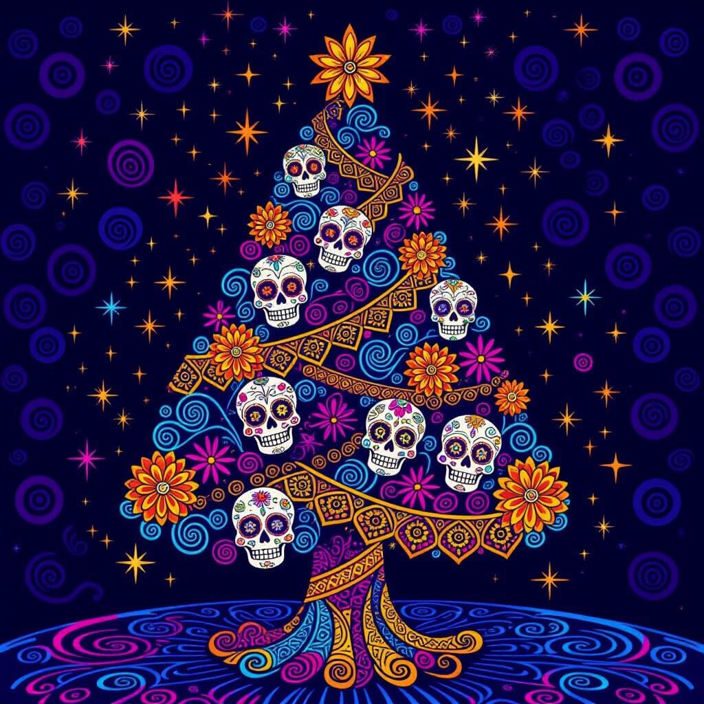 Whimsical Day of the Dead Christmas Tree with Fractal Art
